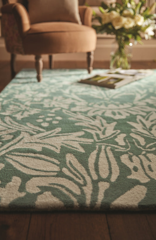 Heritage 1 Floral Pure Wool Damask Hand Tufted Rug in Soft Teal Green