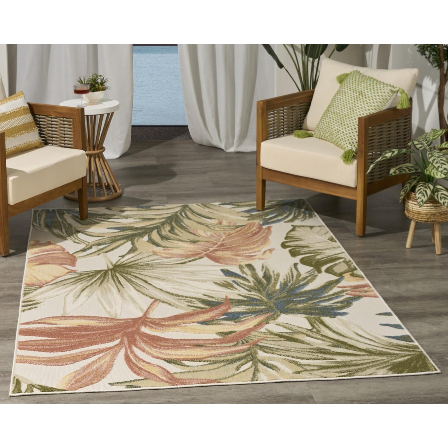 Aloha ALH43 Tropical Floral Ivory Green Indoor & Outdoor Area Rug