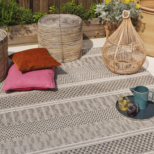 Varanda Stripe VA04 Geometric Neutral Grey Indoor & Outdoor Flatweave Rug