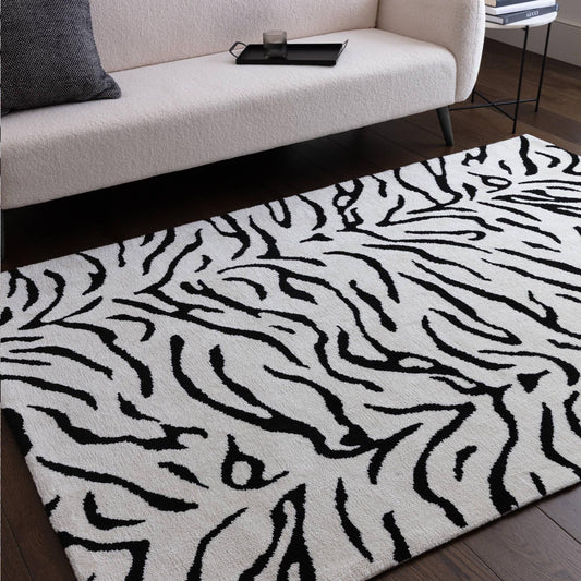 Wilder Tiger Mono Animal Inspired Black & White Rug – Modern Soft Textured Polyester Carpet