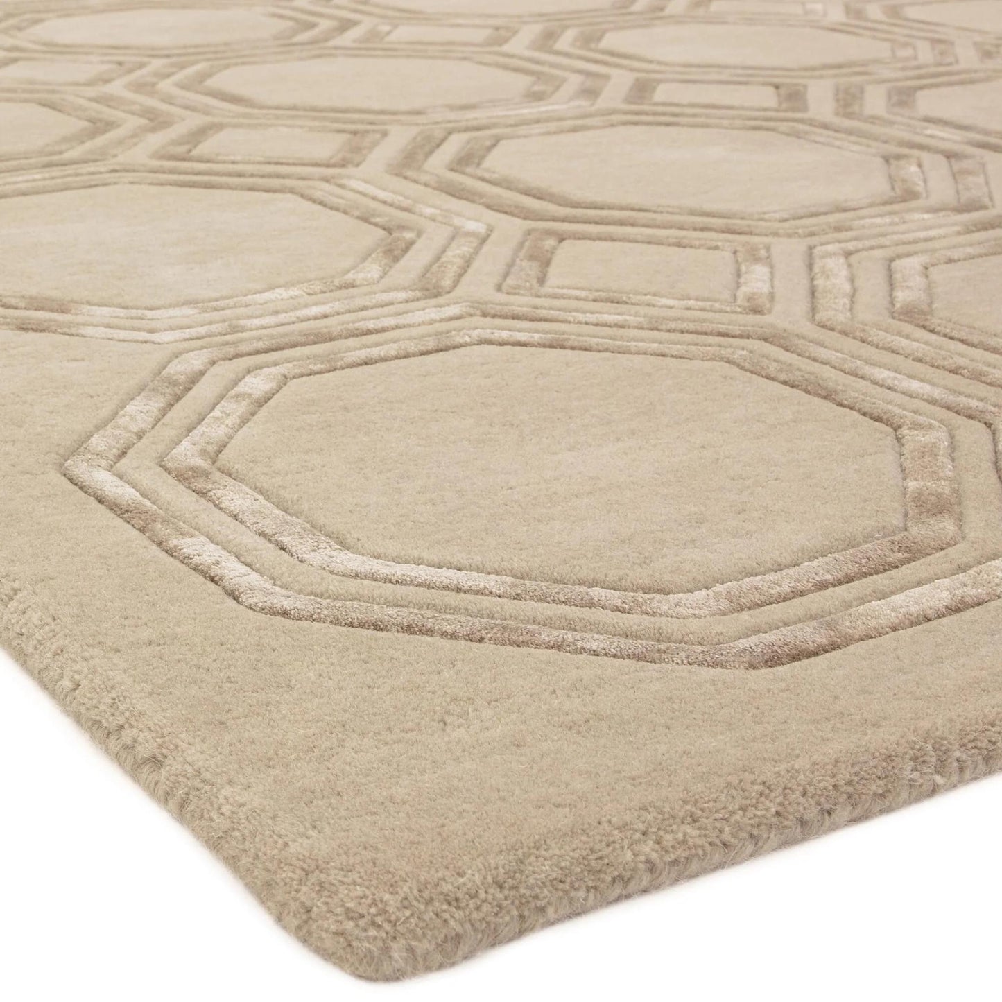 Nexus Octagon Beige Wool Viscose Hand Carved Geometric Rug – Luxurious Modern Elegance