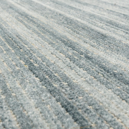 Hazy Sea Blue Handwoven Rug – Tip-Sheared Finish Soft Wool Blend Plain Striped Carpet for Modern Interiors