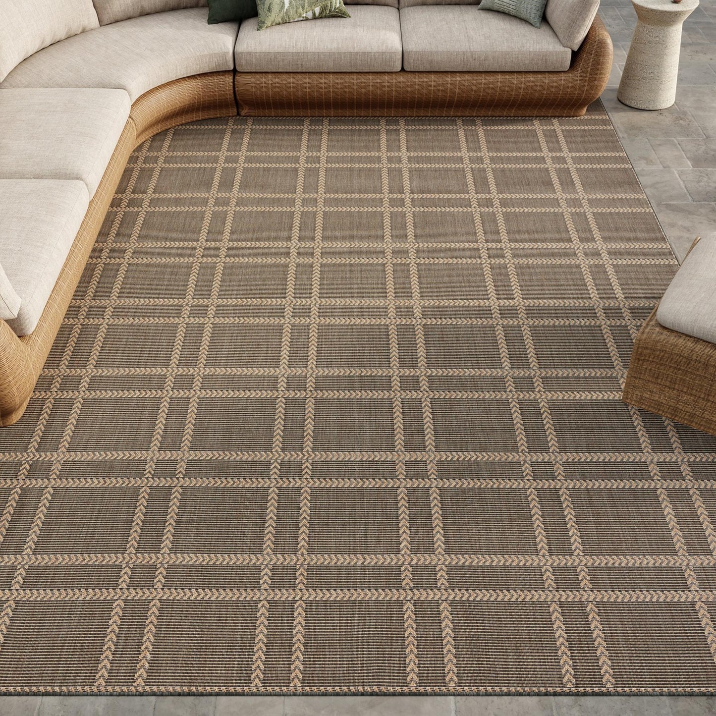 Horizon Grid HOZ04 Modern Geometric Patio Charcoal Grey Indoor & Outdoor Flatweave Rug