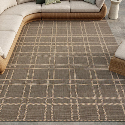 Horizon Grid HOZ04 Modern Geometric Patio Charcoal Grey Indoor & Outdoor Flatweave Rug