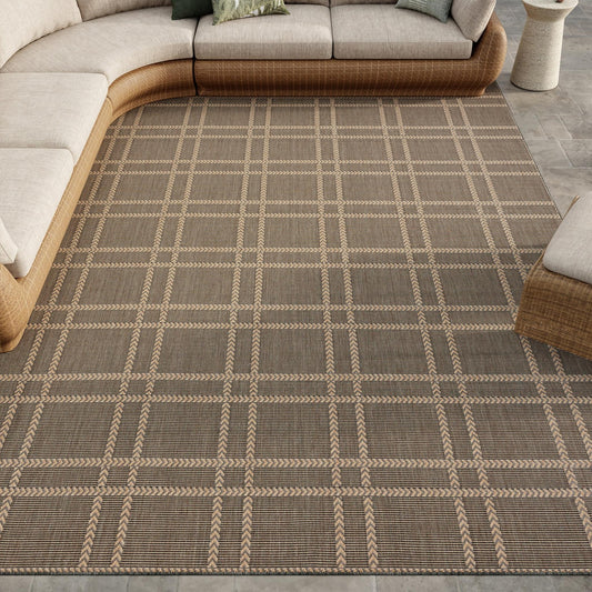 Horizon Grid HOZ04 Modern Geometric Patio Charcoal Grey Indoor & Outdoor Flatweave Rug