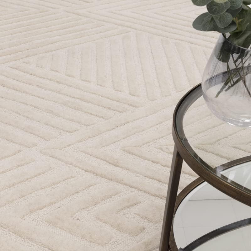 Hague Hand Made Wool Rug for Bedroom Dining Living Room Geometric Lines Tufted Modern Classic Soft Luxury Rug Ivory