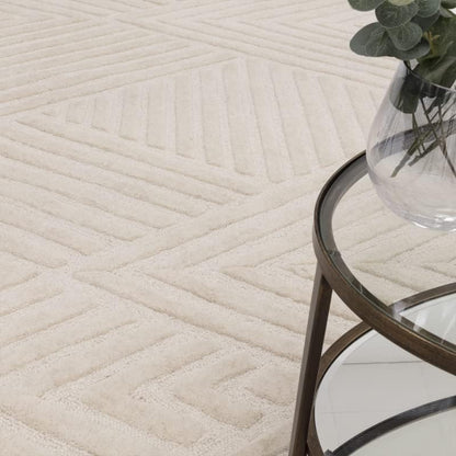 Hague Hand Made Wool Rug for Bedroom Dining Living Room Geometric Lines Tufted Modern Classic Soft Luxury Rug Ivory