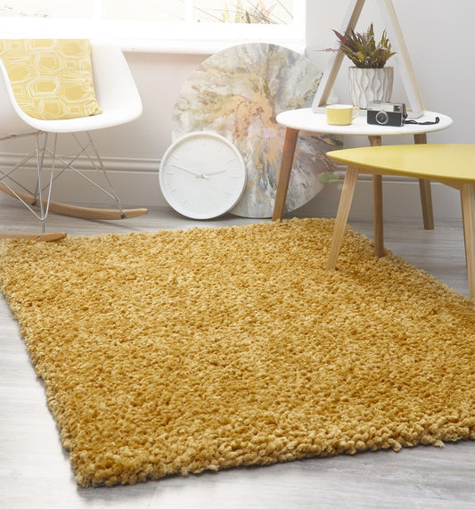 Origins Portland Modern Plain High Pile Super Soft Fluffy Shaggy Rug in Ochre Yellow