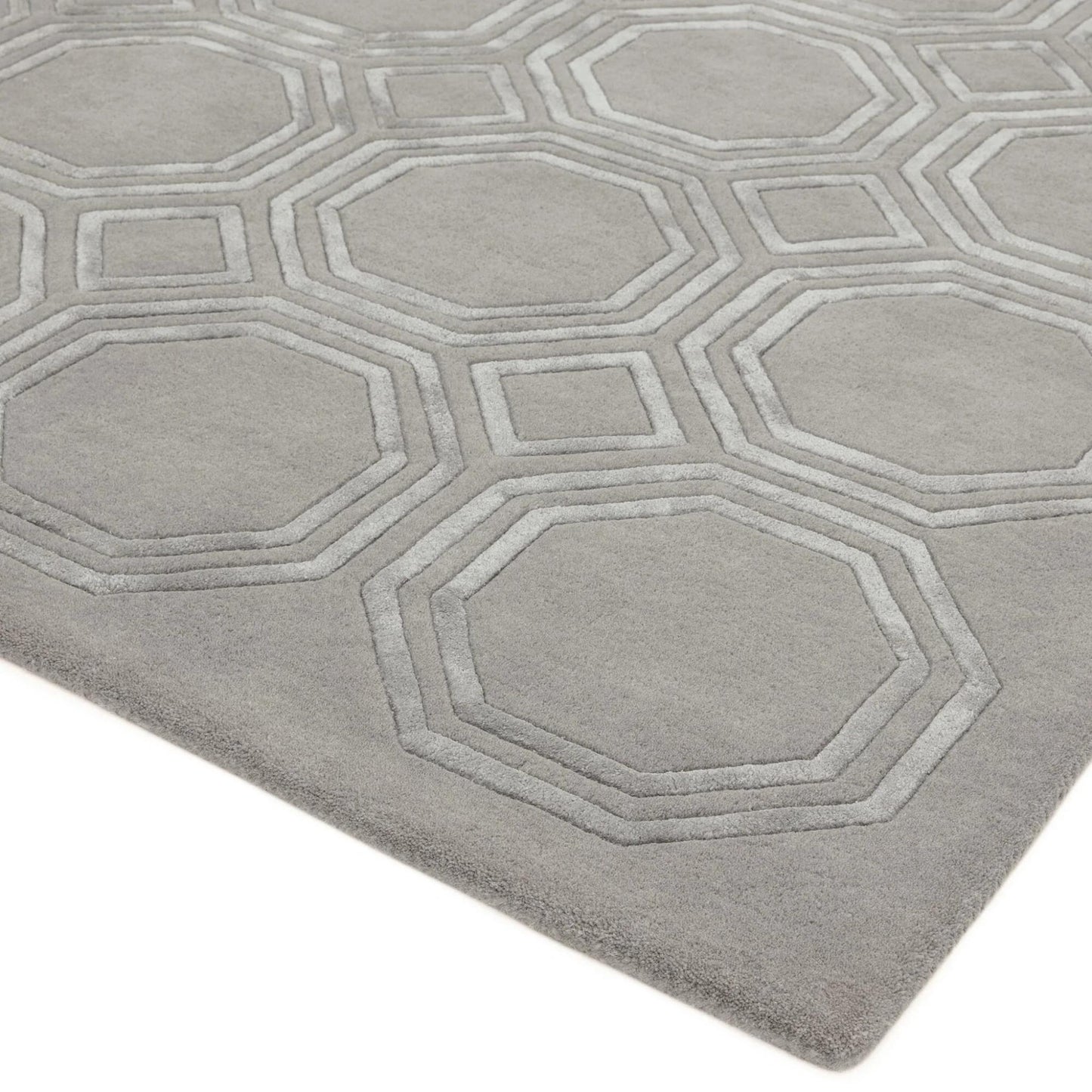 Nexus Octagon Silver Wool Viscose Hand Carved Geometric Rug – Luxurious Silver Grey Elegance