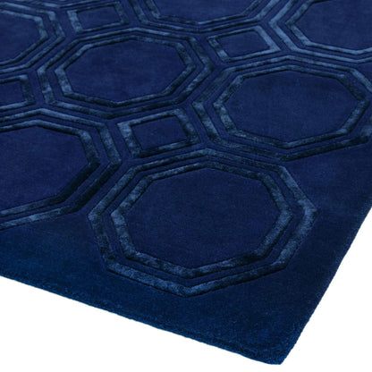 Nexus Octagon Navy Blue Wool Viscose Hand Carved Geometric Rug – Luxurious Soft