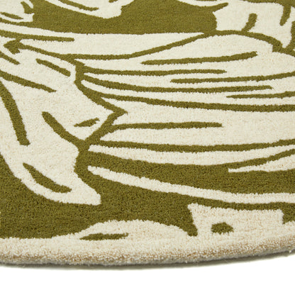 Heritage Floral 2 Pure Wool Damask Hand Tufted Round Rug in Moss Green