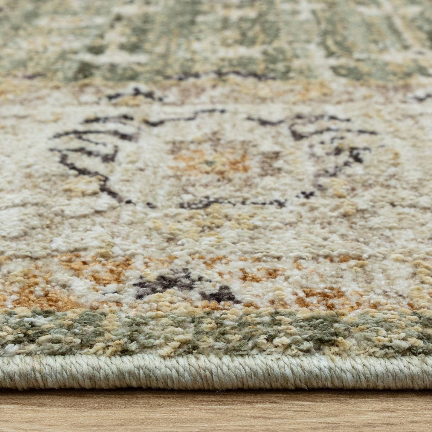 Heriz HE04 Ornate Green Traditional Medallion Vintage Rug – Modern Textured Polyester Carpet for Living Room, Bedroom, and Hallway