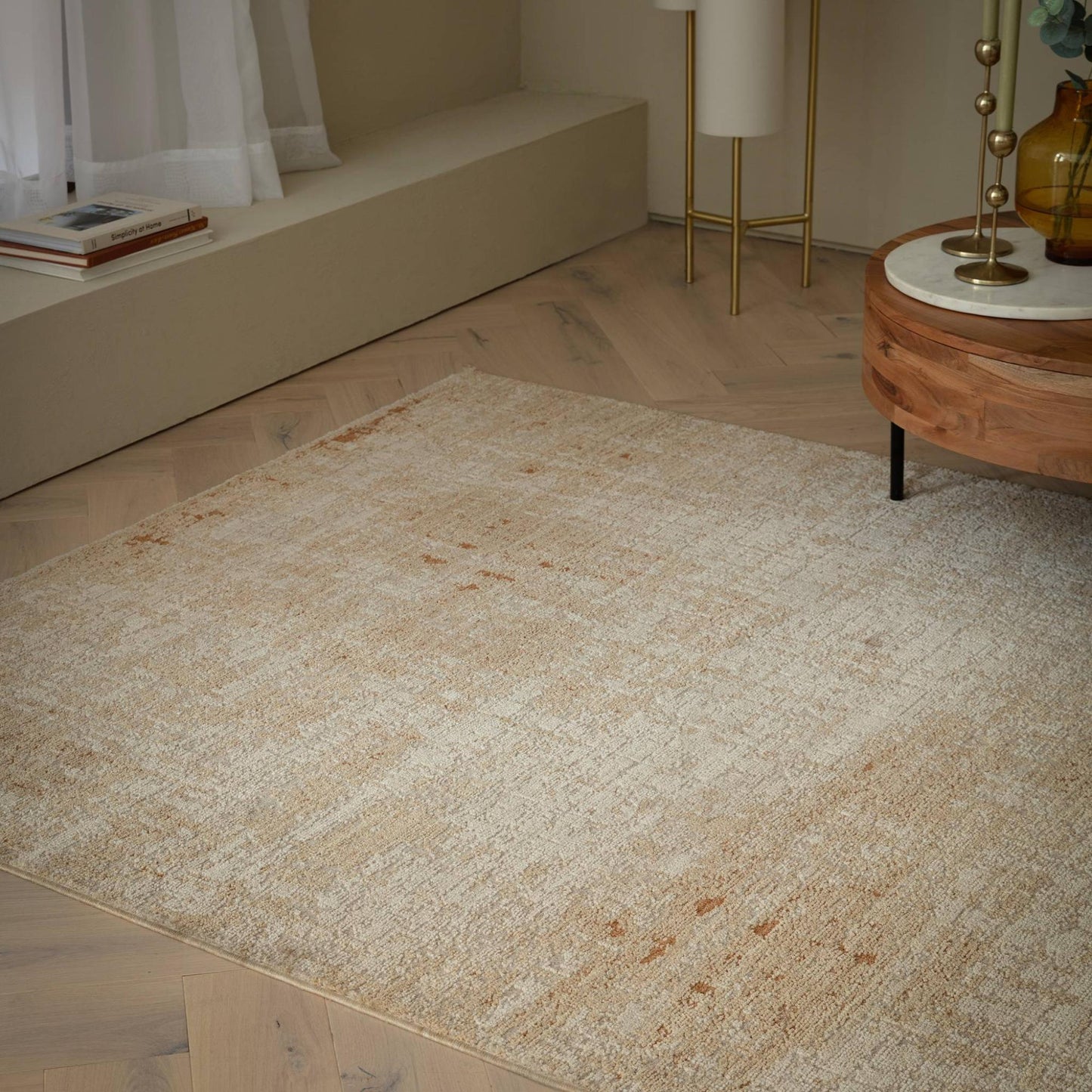 Heriz HE07 Patina Copper Modern Abstract Brown Cream Rug – Soft High-Low Textured Space Dyed Polyester Carpet