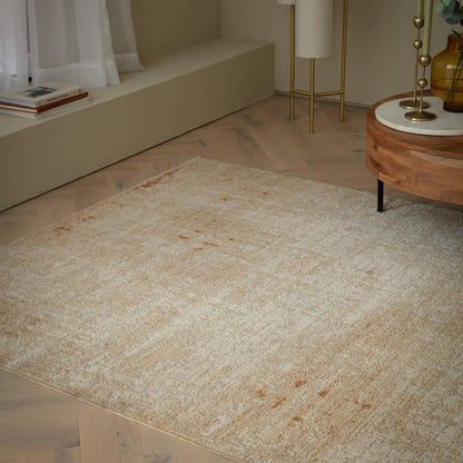 Heriz HE07 Patina Copper Modern Abstract Brown Cream Rug – Soft High-Low Textured Space Dyed Polyester Carpet