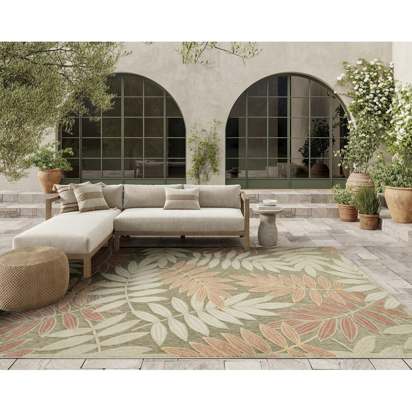 Aloha ALH18 Tropical Botanical Sage Green Rose Indoor & Outdoor Area Rug