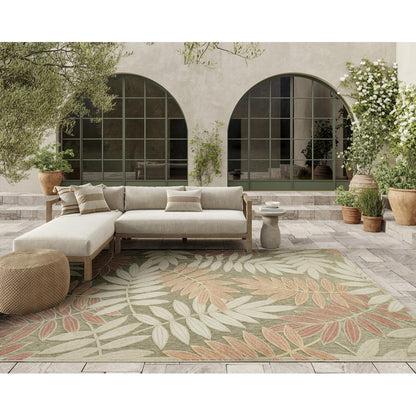 Aloha ALH18 Tropical Botanical Sage Green Rose Indoor & Outdoor Area Rug