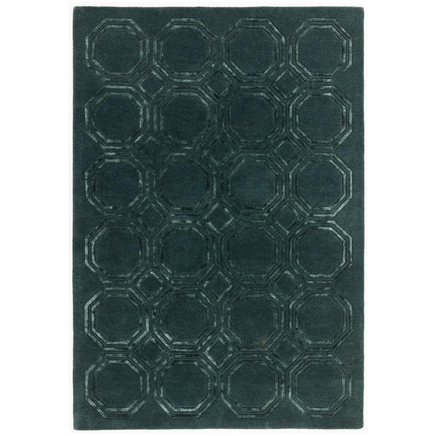 Nexus Octagon Petrol Teal Wool Viscose Hand-Carved Geometric Rug