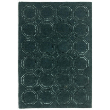Nexus Octagon Petrol Teal Wool Viscose Hand-Carved Geometric Rug