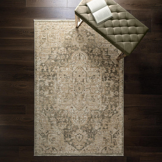 Heriz HE02 Serapi Green Traditional Medallion Vintage Rug – Modern Textured Polyester Carpet for Living Room, Bedroom, and Hallway