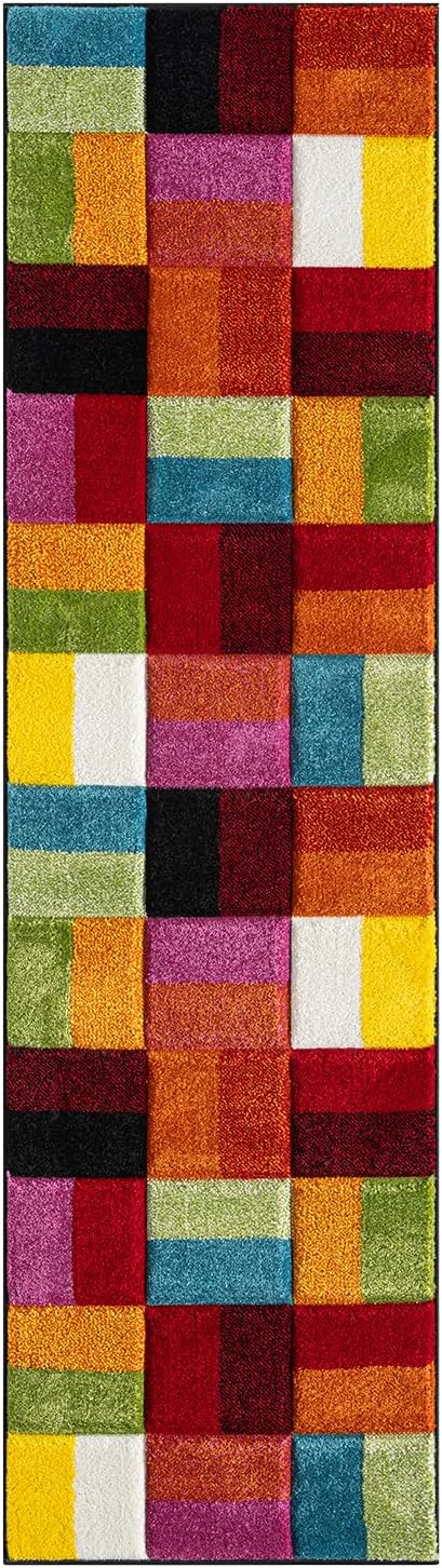 Hand-Carved Geometric Multi-Coloured Rug – Largo Multi – Modern Spectrum Patchwork Design for Living Room or Bedroom