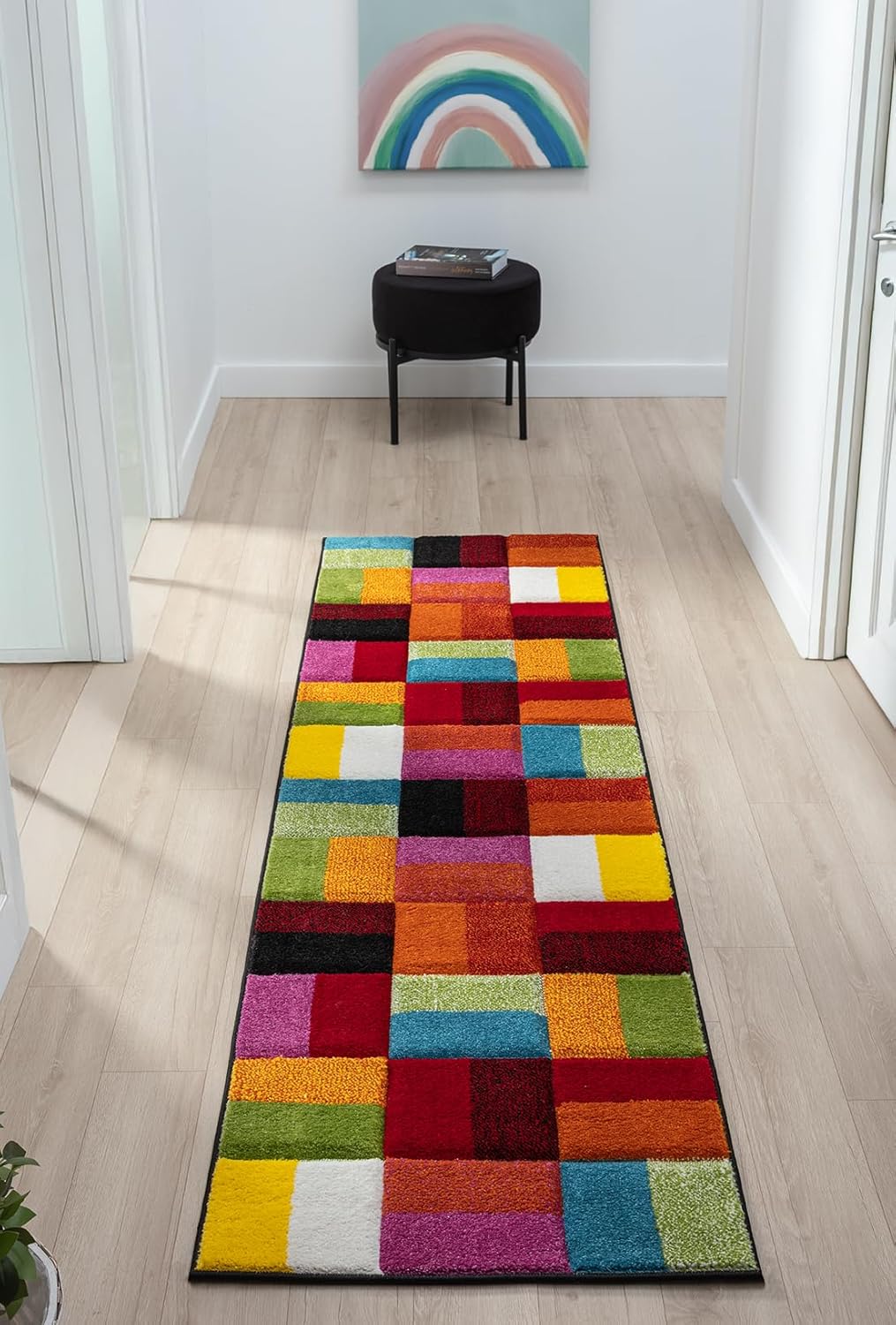 Hand-Carved Geometric Multi-Coloured Rug – Largo Multi – Modern Spectrum Patchwork Design for Living Room or Bedroom