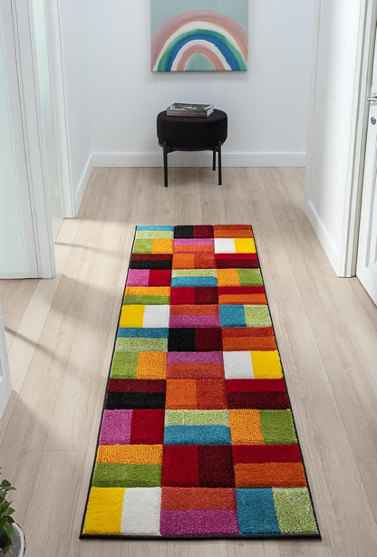 Hand-Carved Geometric Multi-Coloured Rug – Largo Multi – Modern Spectrum Patchwork Design for Living Room or Bedroom