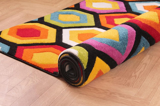 Hand-Carved Geometric Multi-Coloured Rug – Marco Multi – Bold Honeycomb Pattern Rug for Living Room or Bedroom