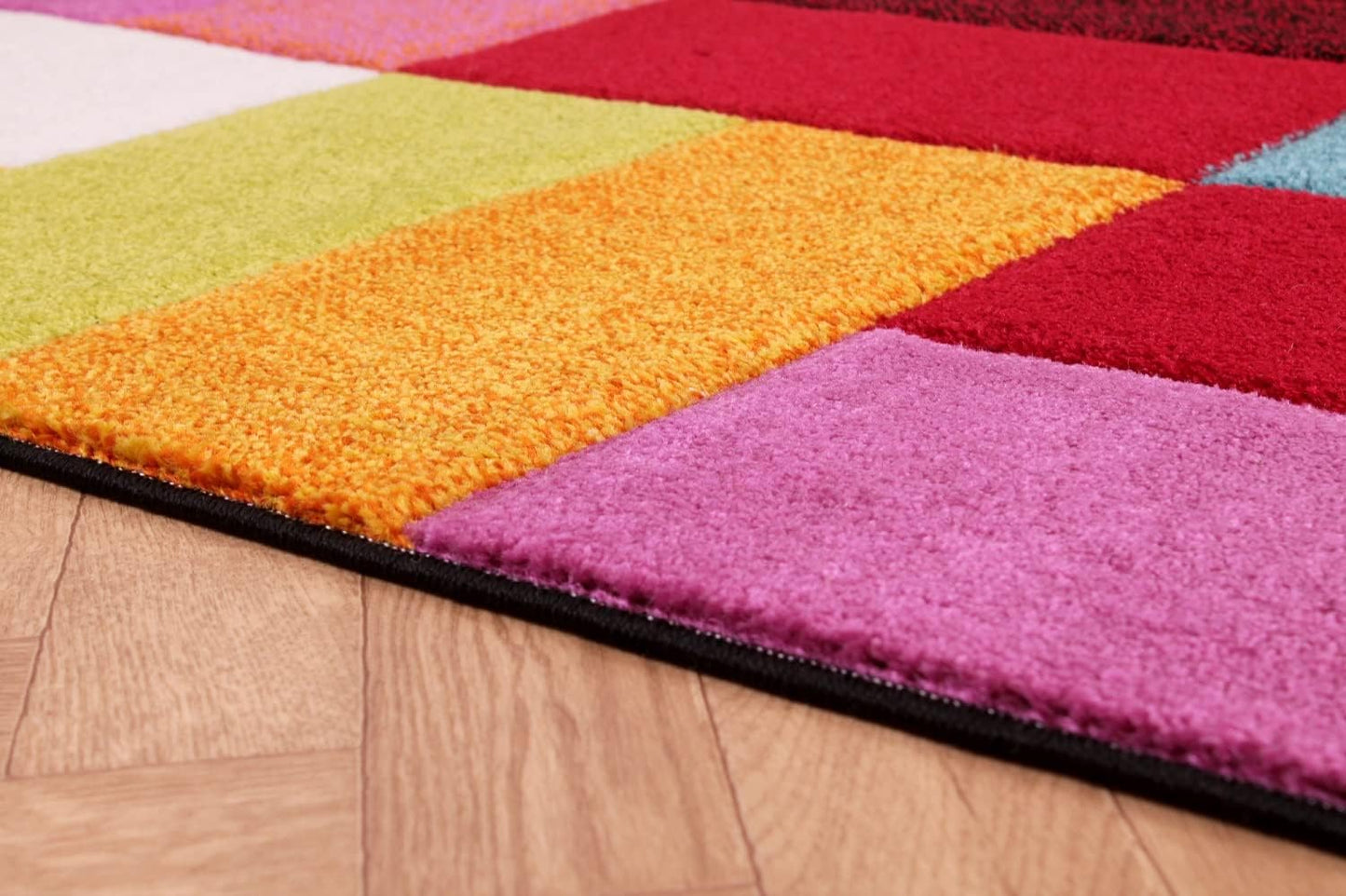 Hand-Carved Geometric Multi-Coloured Rug – Largo Multi – Modern Spectrum Patchwork Design for Living Room or Bedroom