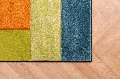 Hand-Carved Geometric Multi-Coloured Rug – Largo Multi – Modern Spectrum Patchwork Design for Living Room or Bedroom