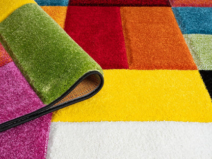Hand-Carved Geometric Multi-Coloured Rug – Largo Multi – Modern Spectrum Patchwork Design for Living Room or Bedroom