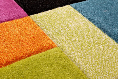 Hand-Carved Geometric Multi-Coloured Rug – Largo Multi – Modern Spectrum Patchwork Design for Living Room or Bedroom