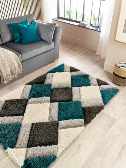 Origins 3D GEO Soft Silky Shaggy Modern Diamond Rug in Teal Blue