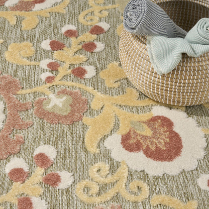 Aloha ALH17 Elegant Vine & Floral Sage Green Rose Indoor & Outdoor Area Rug