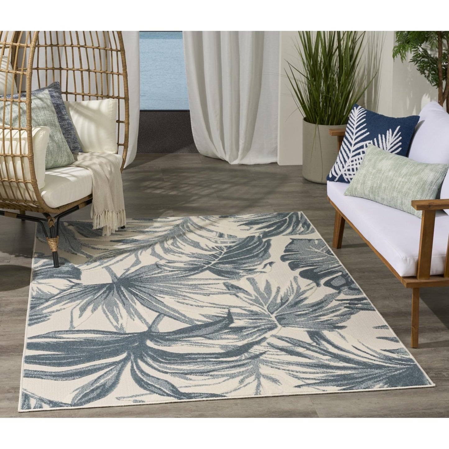 Aloha ALH43 Tropical Floral Ivory Blue Indoor & Outdoor Area Rug