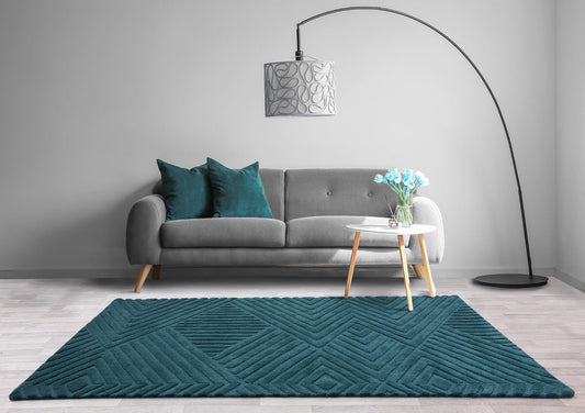 Hague Hand Made Wool Rug for Bedroom Dining Living Room Geometric Lines Tufted Modern Classic Soft Luxury Rug Teal Blue
