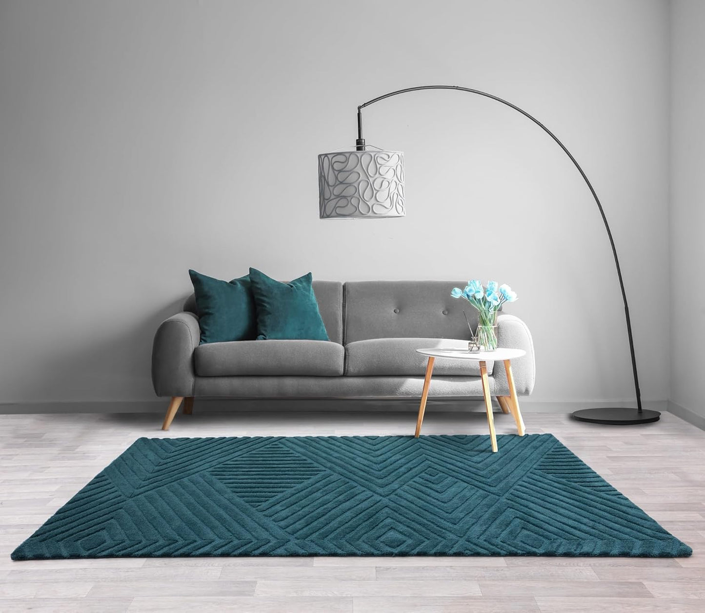 Hague Hand Made Wool Rug for Bedroom Dining Living Room Geometric Lines Tufted Modern Classic Soft Luxury Rug Teal Blue