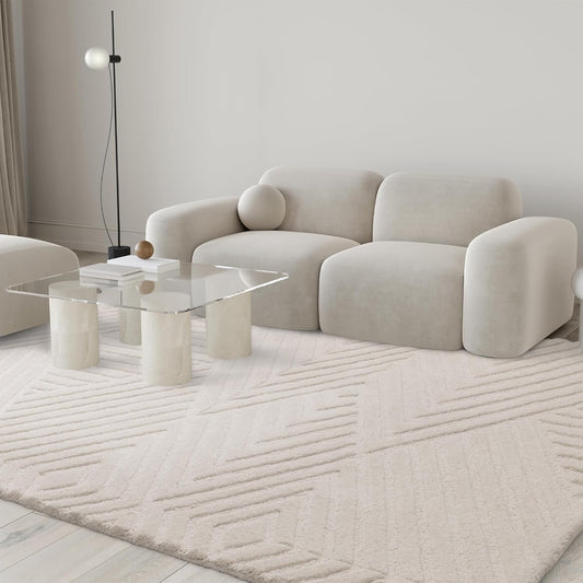 Hague Hand Made Wool Rug for Bedroom Dining Living Room Geometric Lines Tufted Modern Classic Soft Luxury Rug Ivory