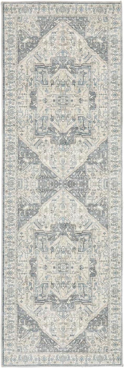 Napoli Blau Grau Gelb Waschbarer Läufer – Traditioneller Vintage Rutschfester Flurteppich (67 x 200 cm)