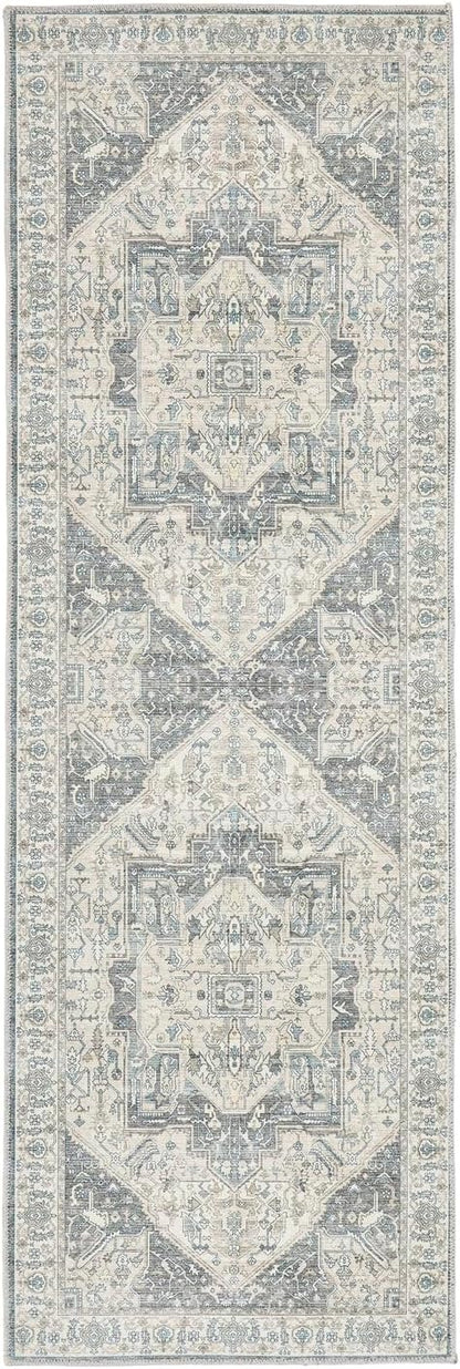 Napoli Blau Grau Gelb Waschbarer Läufer – Traditioneller Vintage Rutschfester Flurteppich (67 x 200 cm)