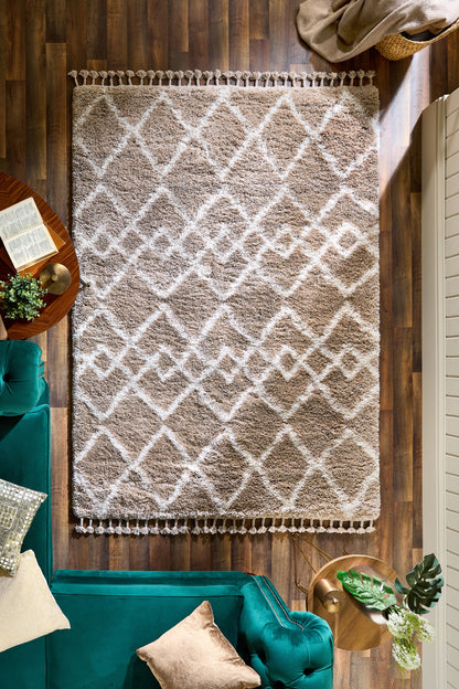 Origins Morocco Traditional Modern Tribal Berber Shaggy Tasseled Beige Ivory Rug