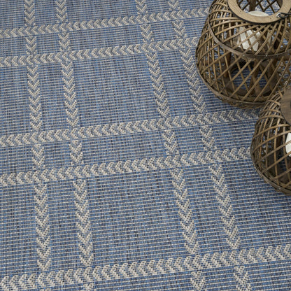 Horizon Grid HOZ04 Modern Geometric Patio Navy Blue Indoor & Outdoor Flatweave Rug
