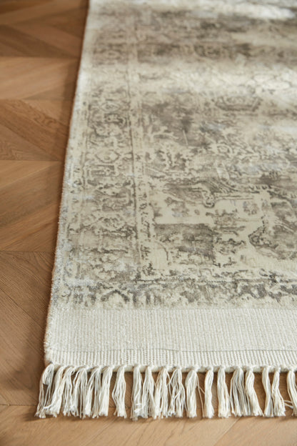 Traditionelle Vintage-Teppiche mit Fransen aus seidiger Viskose in Mokka-Auster