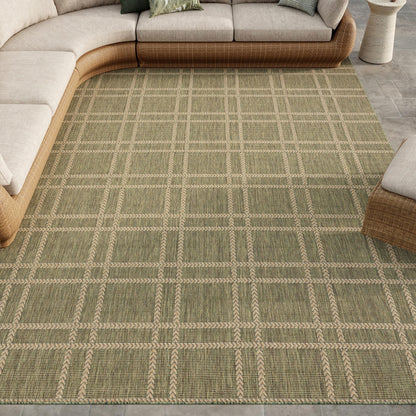 Horizon Grid HOZ04 Modern Geometric Patio Green Indoor & Outdoor Flatweave Rug