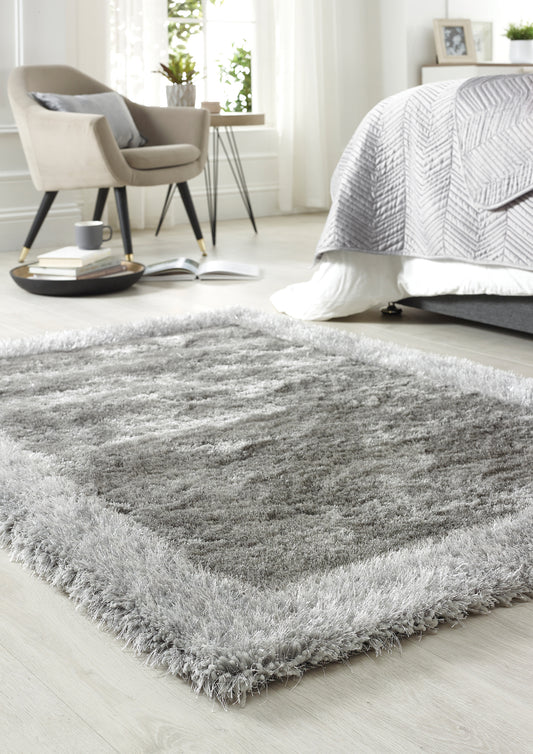 Origins Shimmer Silky Shaggy Hand Tufted Carpet Border Modern Soft Fluffy Shag Rug in Silver