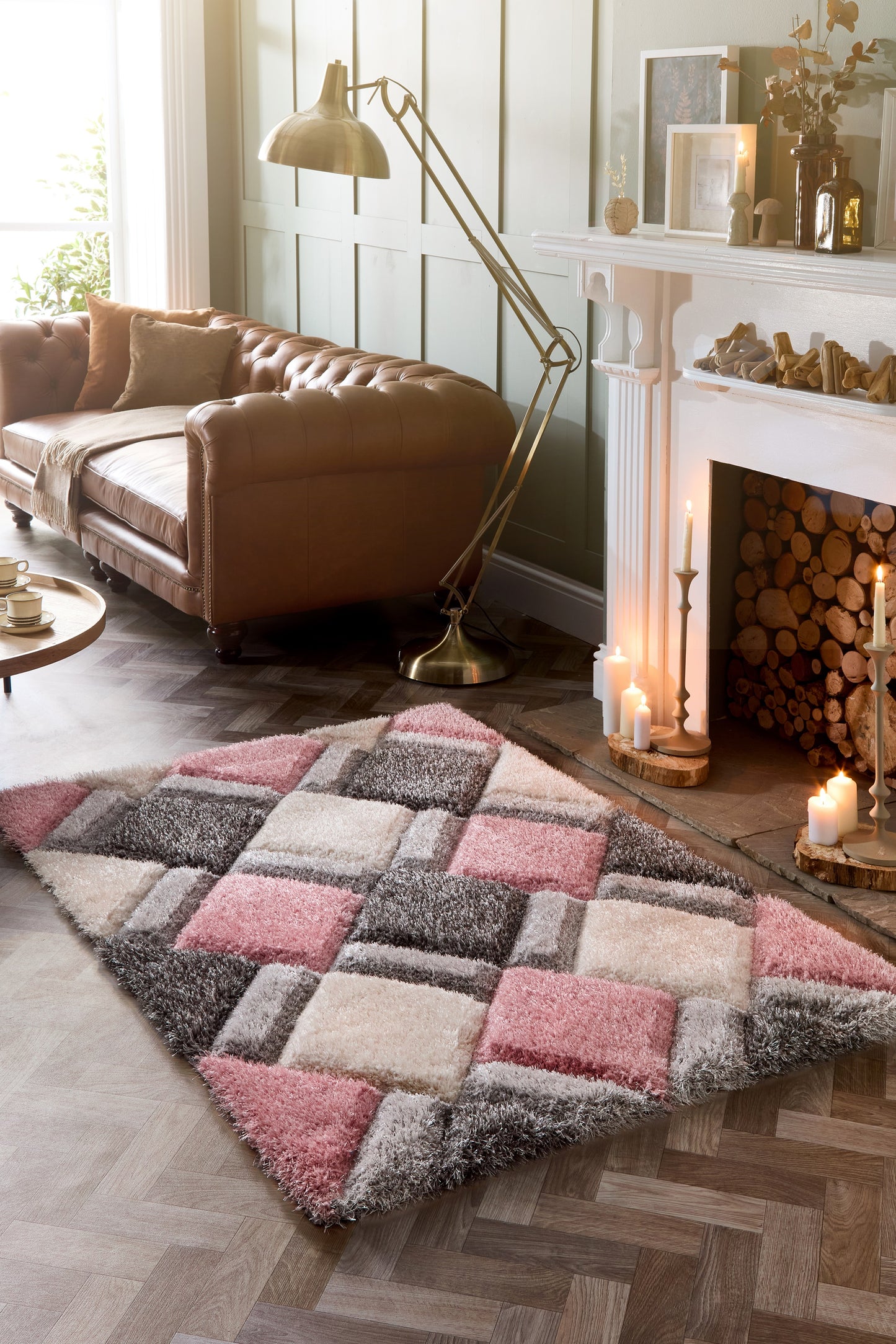 Origins 3D GEO Soft Silky Shaggy Modern Diamond Rug in Blush Pink