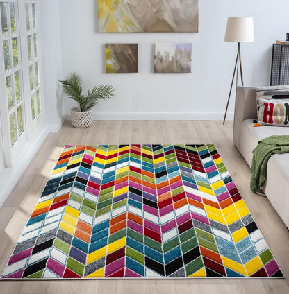 Hand-Carved Geometric Multi-Coloured Rug – Ocala Multi – Contemporary Prism Block Rug for Living Room or Bedroom