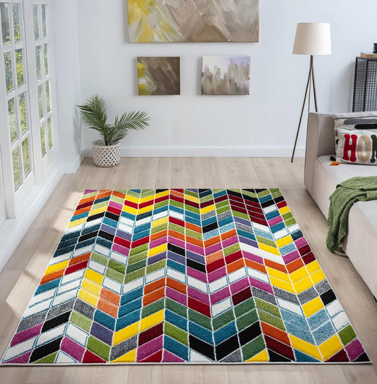 Hand-Carved Geometric Multi-Coloured Rug – Ocala Multi – Contemporary Prism Block Rug for Living Room or Bedroom