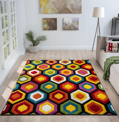 Hand-Carved Geometric Multi-Coloured Rug – Marco Multi – Bold Honeycomb Pattern Rug for Living Room or Bedroom