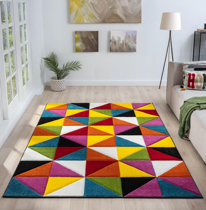 Hand-Carved Geometric Multi-Coloured Rug – Destin Multi – Modern Spectrum Design for Living Room or Bedroom