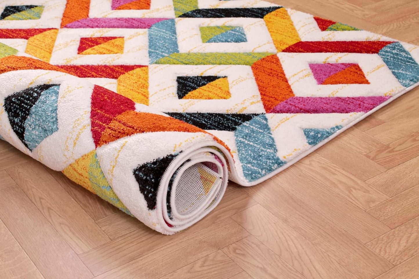 Lord of Rugs Spectra, handgeschnitzter, geometrischer, regenbogenfarbener, lebendiger, mehrfarbiger, weicher Teppich